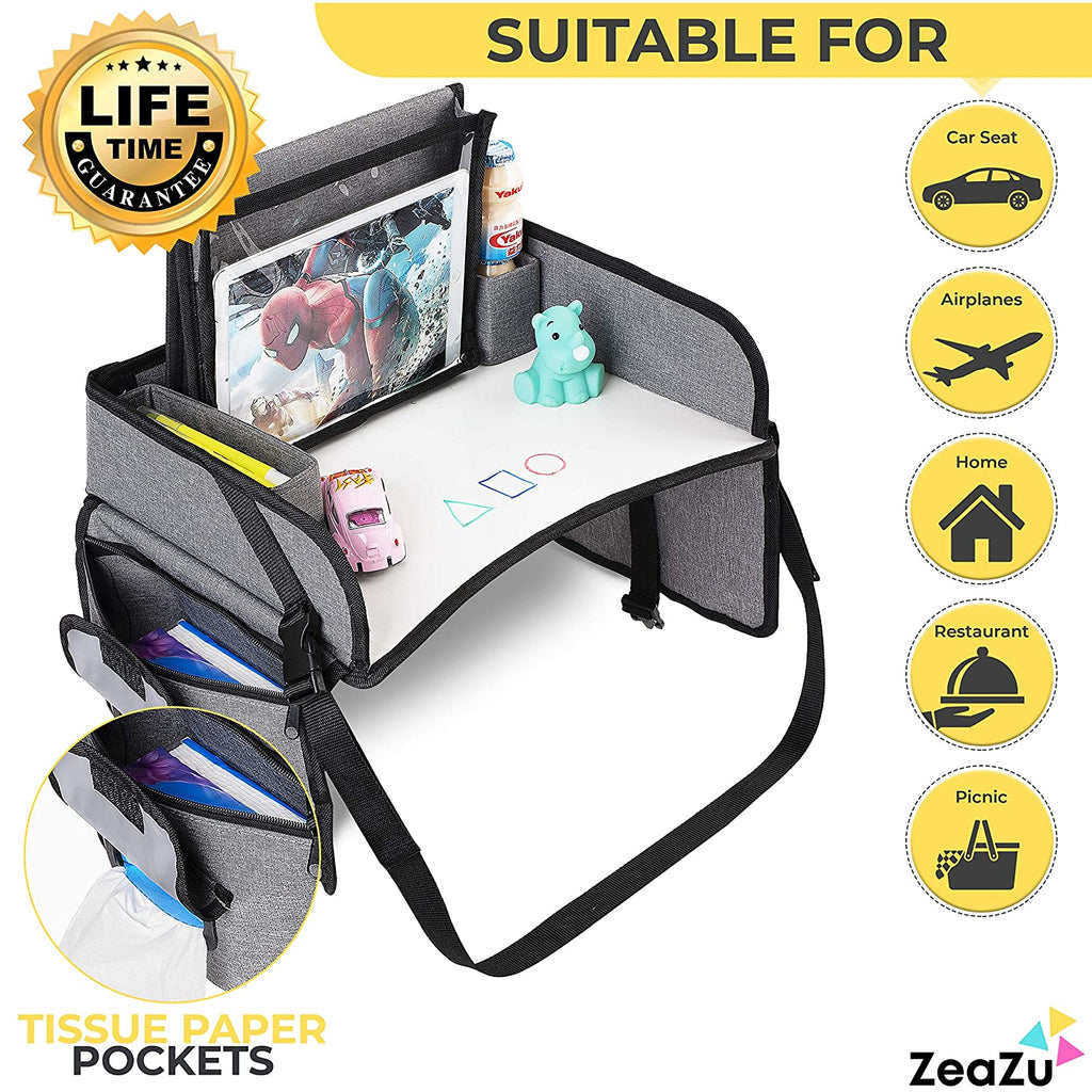 ZeaZu Kids All in One 2020 Travel Tray for Toddlers and Kids - Silver